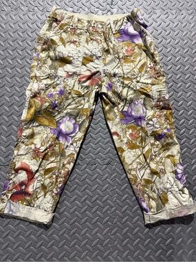 Women's Floral Cargo Capris - Cream with Purple & Brown Floral Print